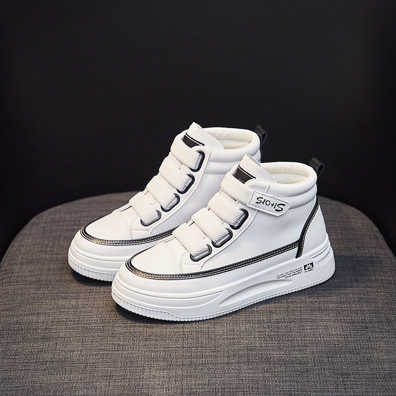 魔术贴高帮小白鞋女2021年新款女鞋春秋厚底运动中学生百搭粘鞋子白色