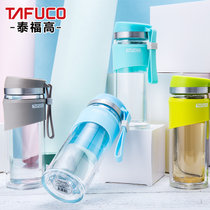 日本泰福高双层玻璃杯茶杯 便携水杯玻璃杯子家用 带盖创意水杯耐冷耐热便携顺手(灰色)