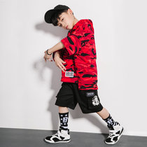 新款韩版儿童街舞 棉红迷彩宽松短袖男童少儿演出服装夏季嘻哈潮(红色迷彩上衣)(170cm)