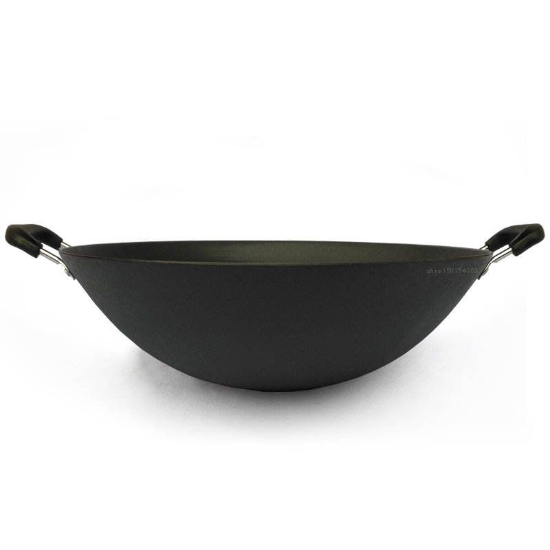 铸铁炒锅大铁锅老式生铁无涂层炒菜锅加厚双耳尖底家用燃气圆底锅(32