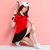 莉菲姿 T恤女运动套装夏季新品运动网球服套裙修身显瘦短袖短裙休闲套装(红+黑 L)第3张高清大图