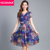 VEGININA 修身显瘦印花蕾丝连衣裙 9630(蓝色 XL)