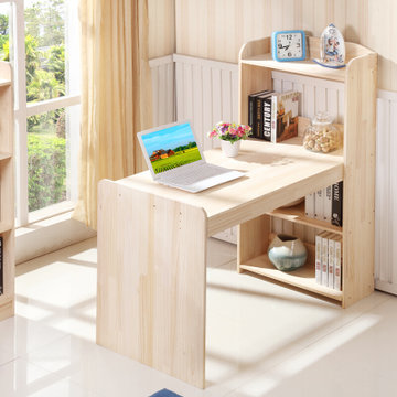 一米色彩 全实木松木台式电脑桌带书架写子桌儿童学习书桌书柜原木电脑桌(原木色 1.2米0.6米宽/1.25米架高)