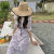 韩版小清新减龄花边娃娃领系带碎花度假风连衣裙(紫罗兰 XL)第4张高清大图