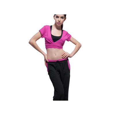 路伊梵时尚运动21303户外运动休闲健身女款健身服套装（玫红+黑）（L）
